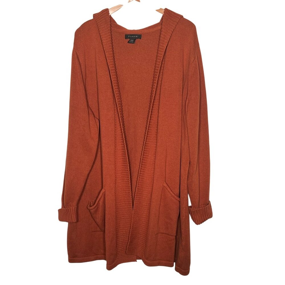 Tahari 3X Open Front Cardigan Duster Rust Hooded Sweater Pockets Cotton/Poly